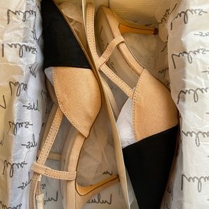 Steviee Black and Beige Pointed-Toe Slingback Pumps